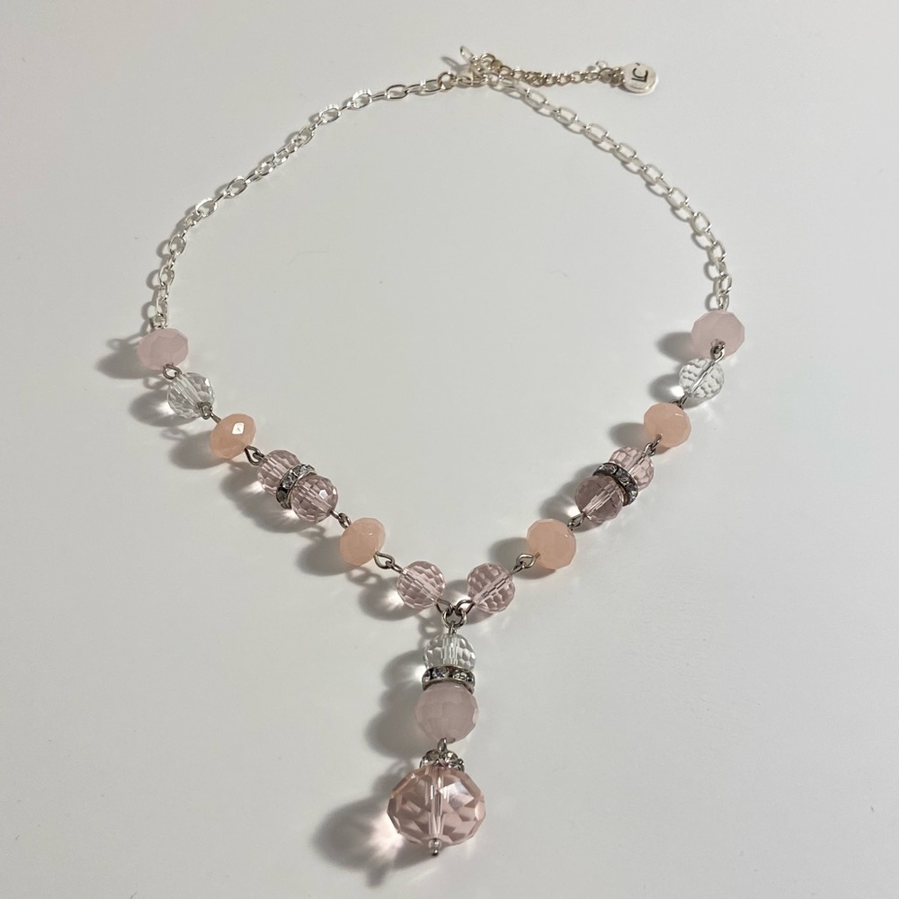 NEW PINK CRYSTAL NECKLACE WITH SILVER ACCENT